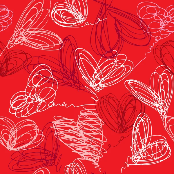 Seamless pattern with hand drawn scribble hearts on red backgrou — Stock Vector