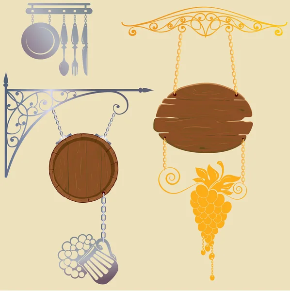 Set de letreros de madera y metal de diferentes formas para restaurante — Archivo Imágenes Vectoriales