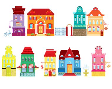 çizgi masal evleri beyaz arkasında izole çizim seti