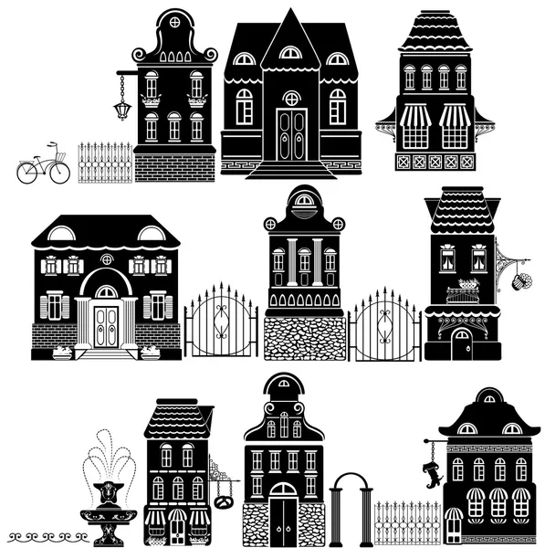 Set van tekenfilms sprookje tekening huizen geïsoleerd op witte achterzijde — Stockvector