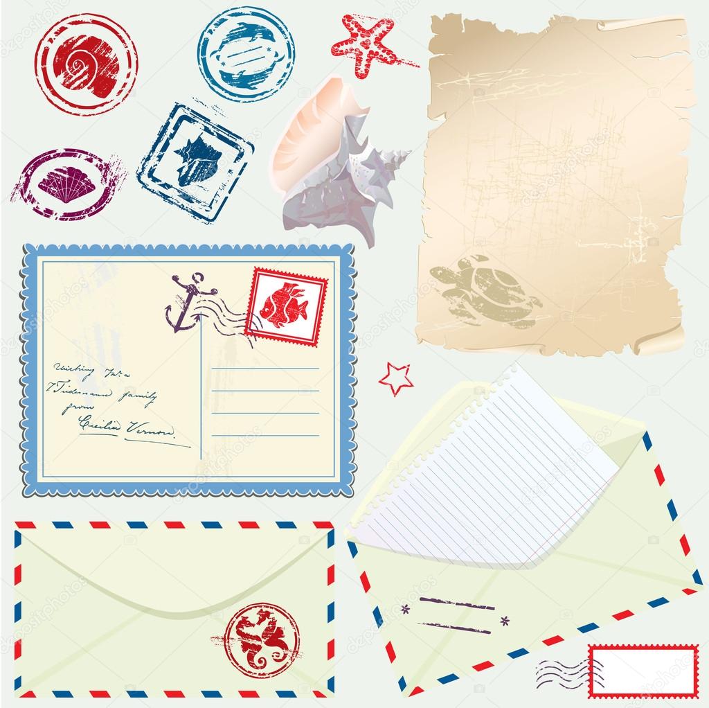 Postcard, envelope and paper with Retro nautical Stamps - for de