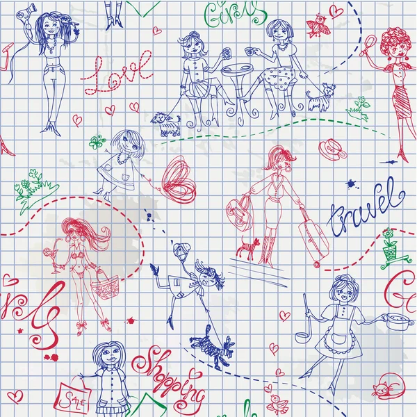 Kindischen Stil Hand gezeichnet nahtlose Muster mit Mädchen — Stockvektor