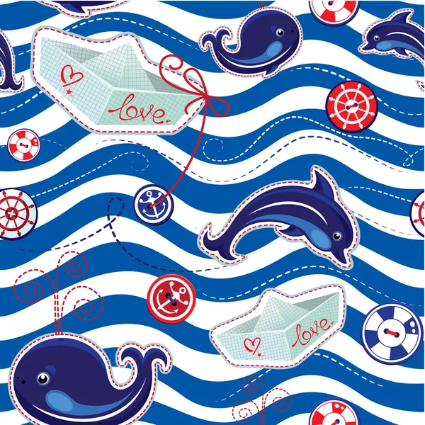 Varrat nélküli tenger minta a delfinek, a bálnák, a papír hajók és a csikk — Stock Vector