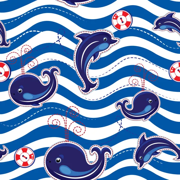 Seamless sea pattern with dolphins, whales and buttons on stripe — Stock Vector