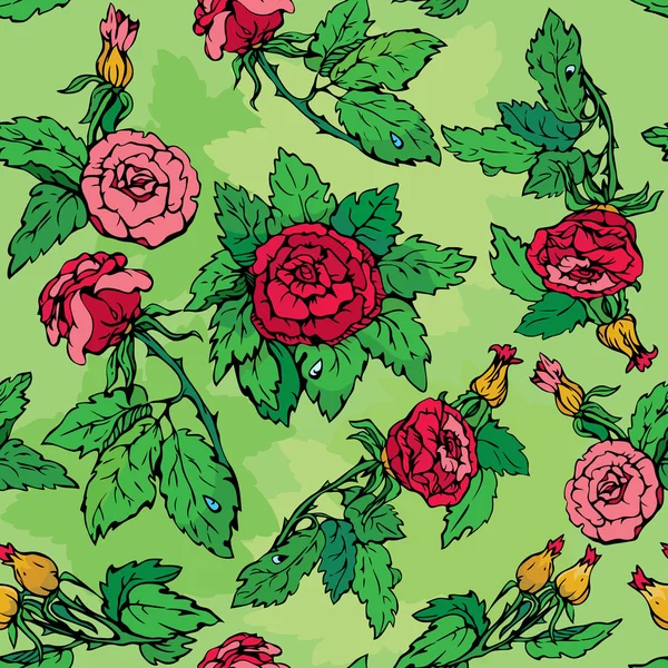手描きのバラの花-華やかなシームレスなパターン — ストックベクタ