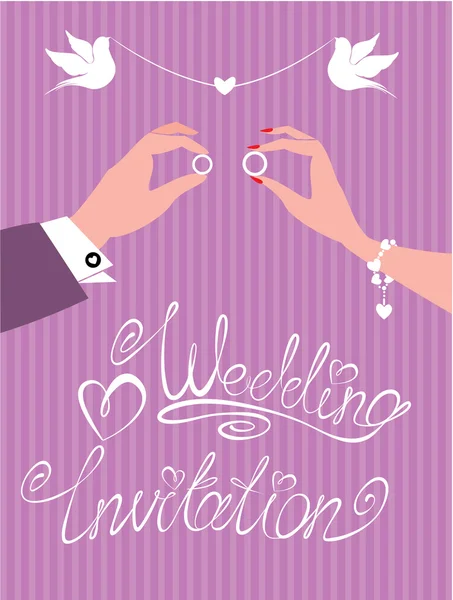 Invitación de boda - mano de novio y novia con anillos de boda — Vector de stock