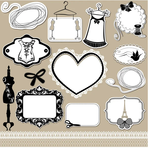 Set of frames, symbols, tools and accessories for sewing studio — Stock Vector