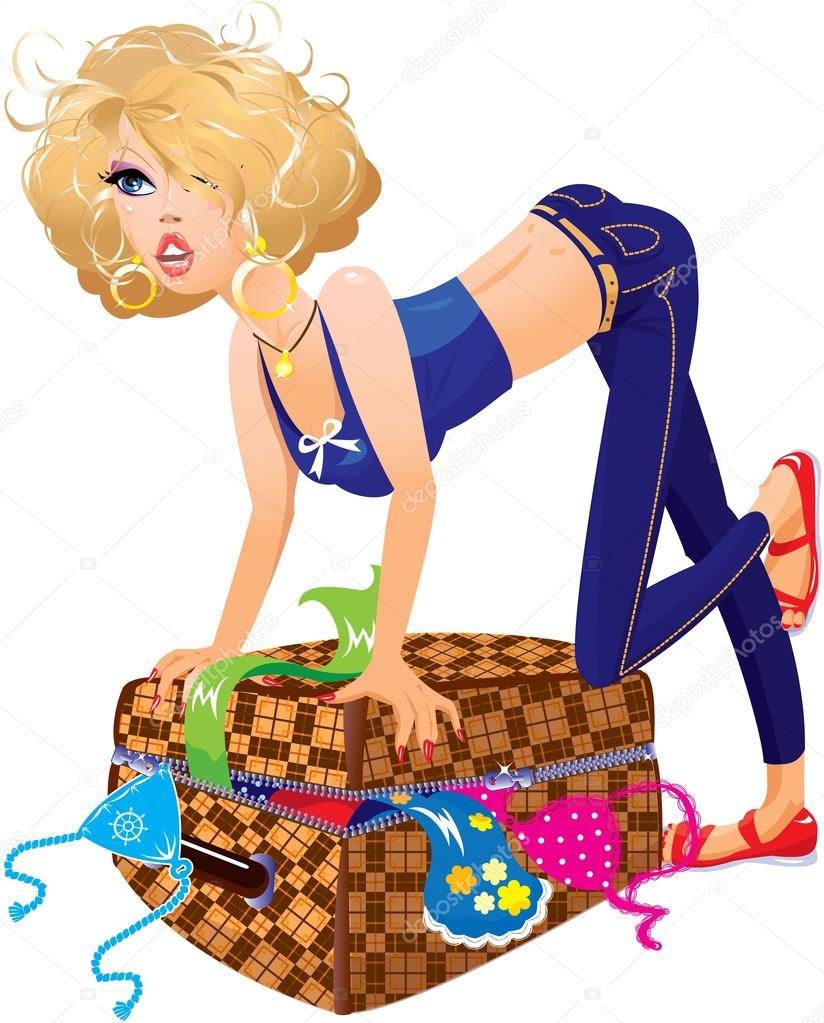Travel concept - Funny blonde girl tries to fit clothes into the