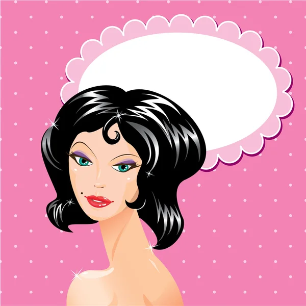 Brunette meisje beautyful gezicht - portret op polka dot roze backgr — Stockvector