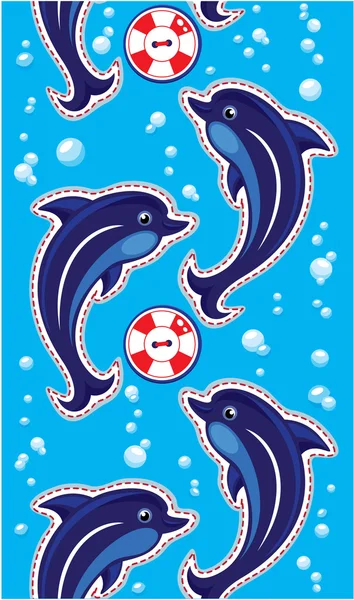 Seamless sea vertical border with dolphins and buttons — Stock Vector