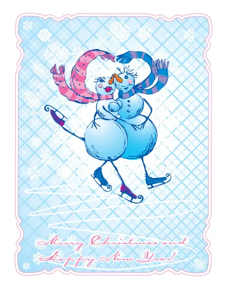 Carte postale dans un style vintage avec patinage couple heureux bonhomme de neige un — Image vectorielle