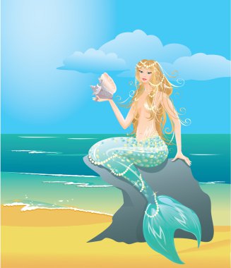 Illustration of a Beautiful mermaid girl with sea shell sitting clipart