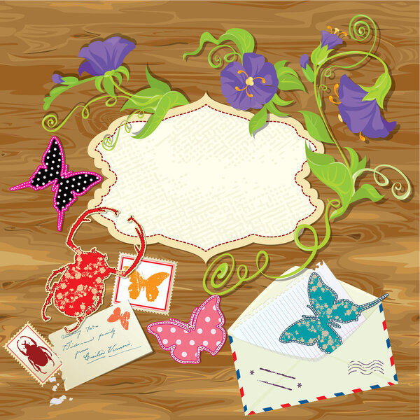 Wooden background with butterflies, beetle, flowers, mail stamps