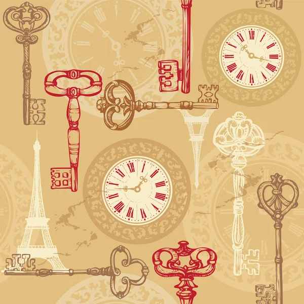 Vintage nahtlose Muster mit Uhr, Schlüssel und Eiffelturm — Stockvektor