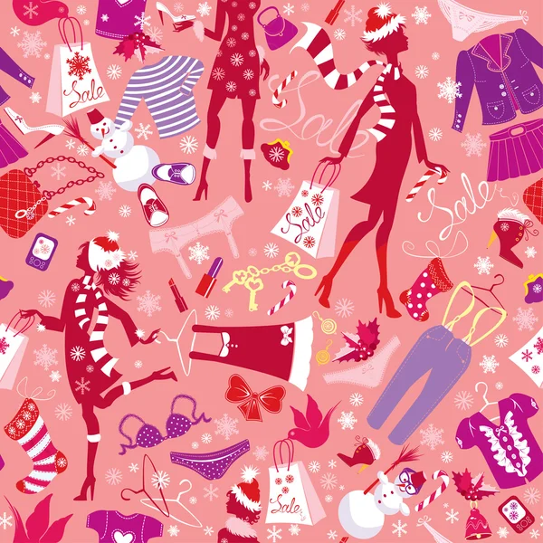 Seamless pattern in pink colors - Silhouettes of fashionable gir — Stock Vector