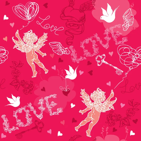 Motif sans couture Saint-Valentin avec Cupidon, coeurs dessinés à la main, k — Image vectorielle