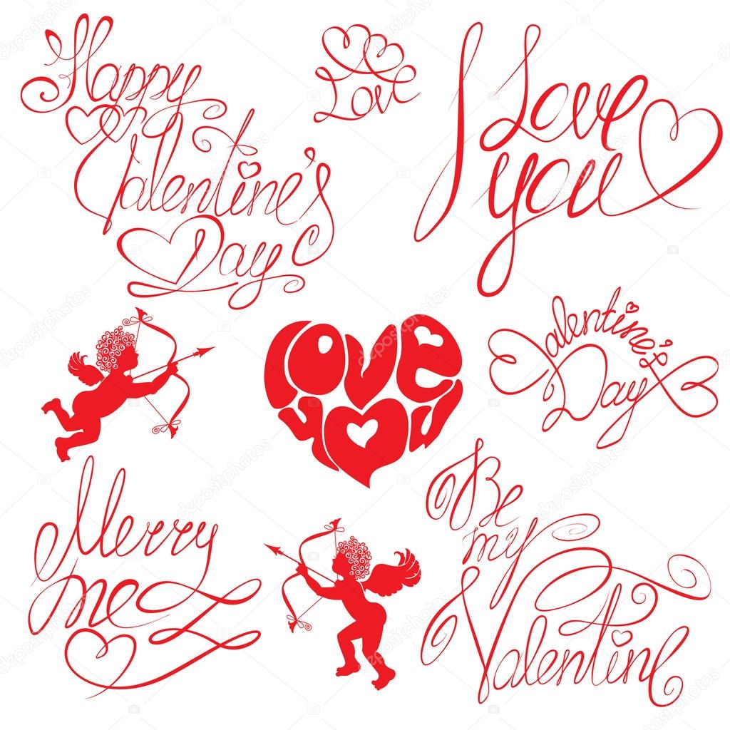 Set of hand written text: Happy Valentines Day, I love you, Mer