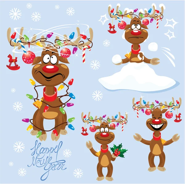 Set of four funny rein deers with christmas lights tangled in an — Stock Vector