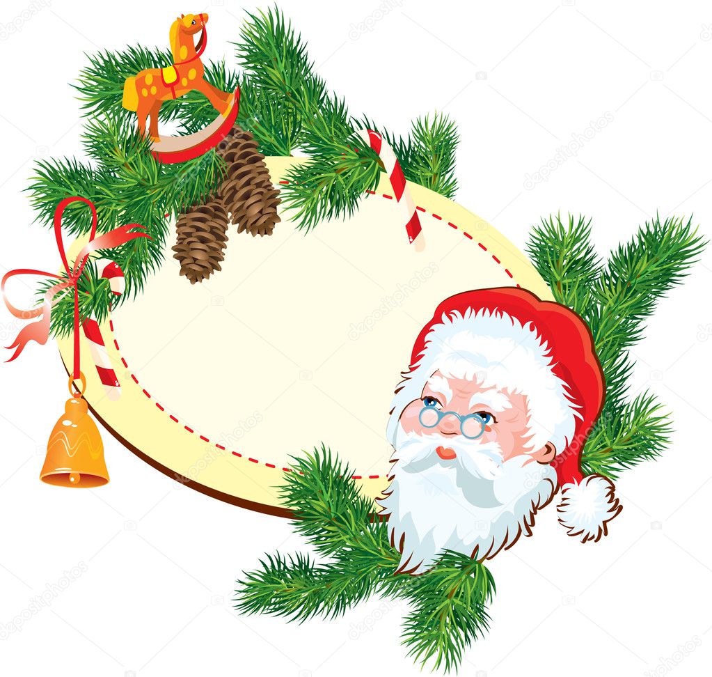 Christmas and New Year background - Santa Claus head, fir tree b