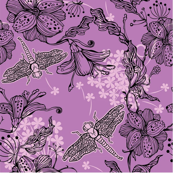 Seamless Floral Pattern With hand-drawn flowers and dragonflies — Stock Vector