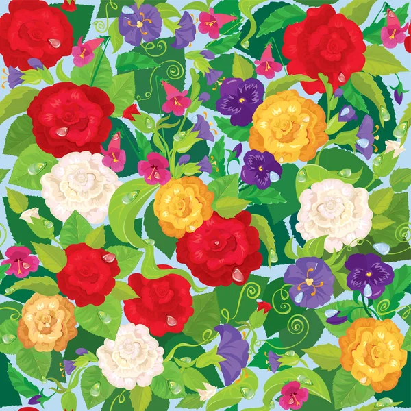 Fond sans couture avec de belles fleurs rose, pansy, bellfl — Image vectorielle