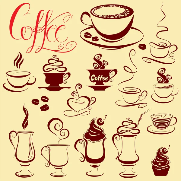 Set of coffee cups icons, stylized sketch symbols — Stock Vector