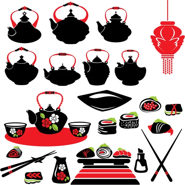 Asya gıda simgeler - çaydanlık, sushi set. — Stok Vektör