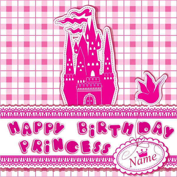 Feliz aniversário - Cartão de convite para menina com castelo de princesa a — Vetor de Stock