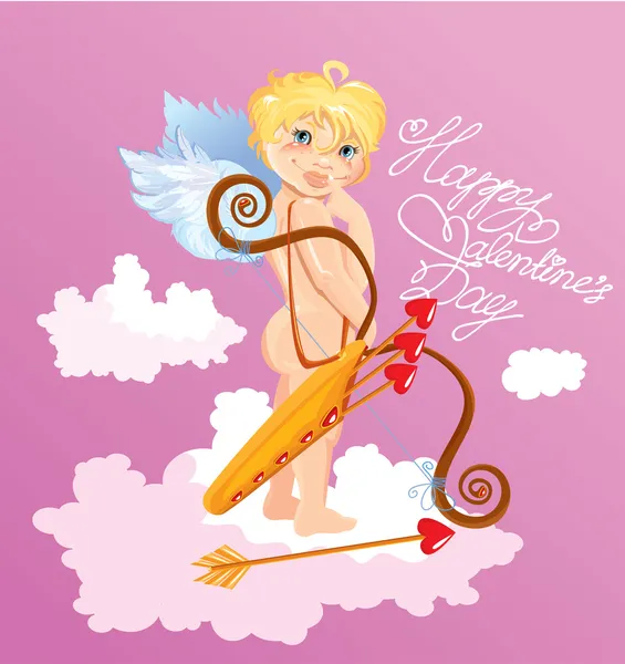 Înger drăguț cu săgeți și arc în picioare pe nor. Valentines Day — Vector de stoc