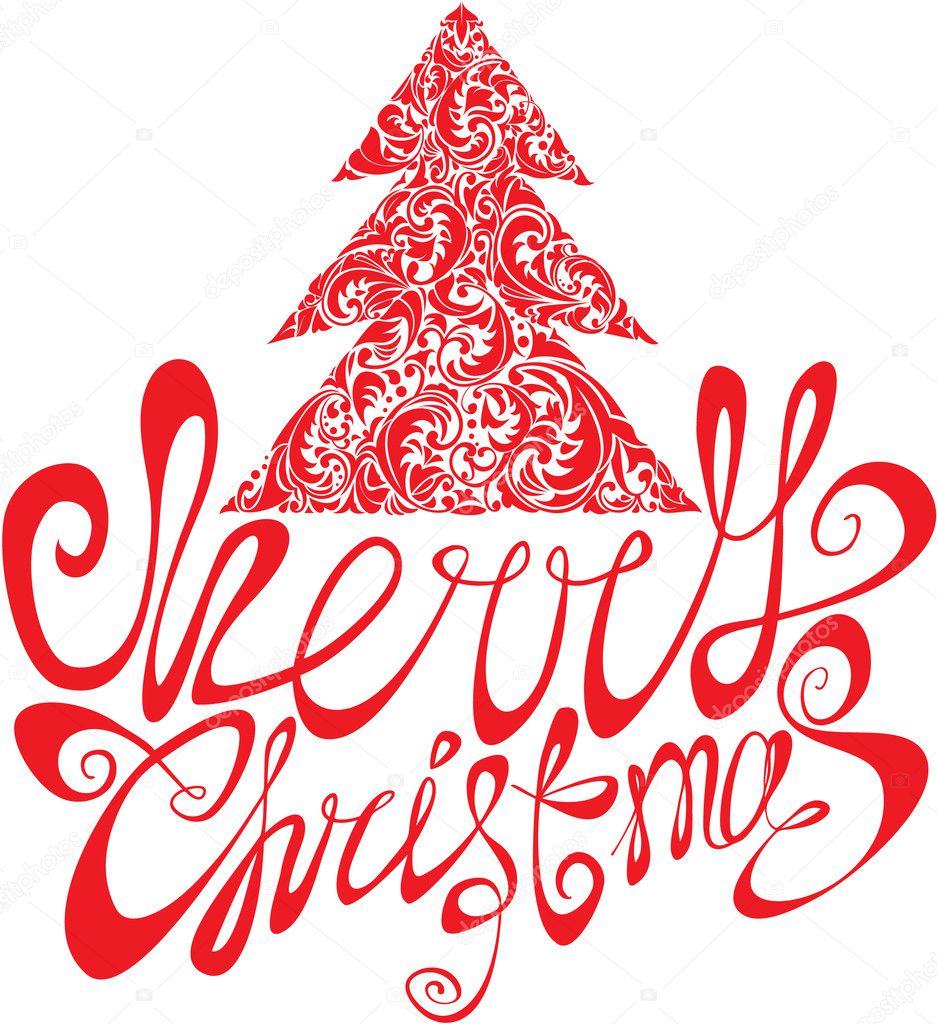 red christmas template with swirly ornamental tree and merry chr