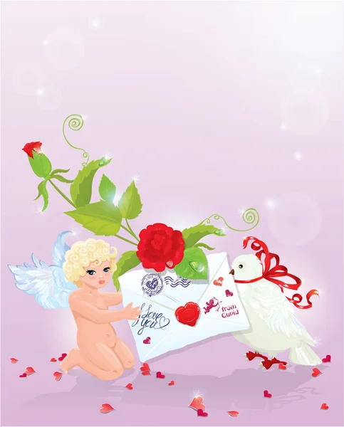 Ilustración de San Valentín con rosa, ángel, carta y paloma . — Vector de stock