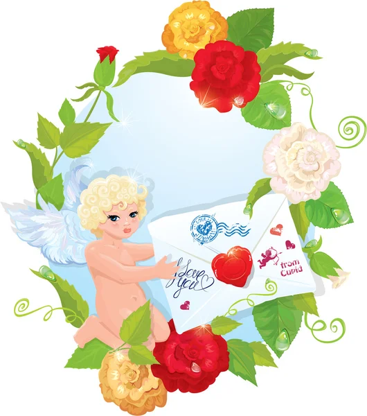 Dia dos Namorados ilustração com rosas, anjo e carta. Oval. —  Vetores de Stock