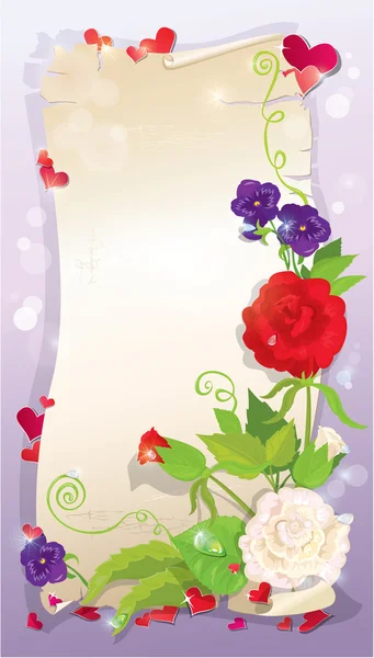 Illustration eines Liebesbriefes mit Herzen und Blumen - Rose, dais — Stockvektor