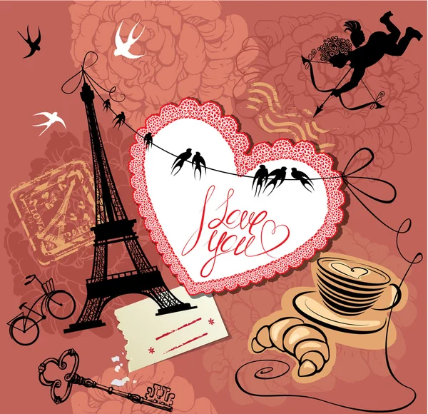 Vintage Valentine 's Day Postcard with Paris theme - Effel tower , — стоковый вектор