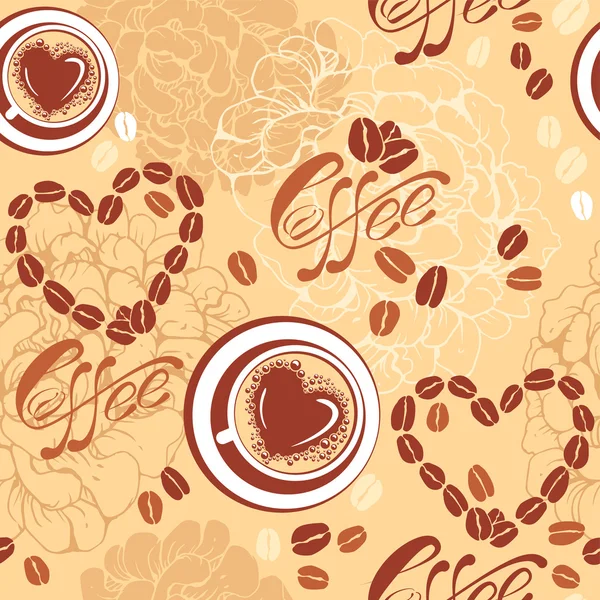 Modello senza cuciture con tazze di caffè, fagioli, forme del cuore, calligra — Vettoriale Stock