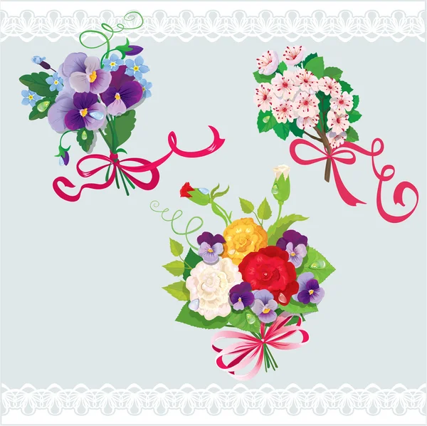 Set di mazzi di fiori festivi con sakura, rose, viole del pensiero e dimenticare — Vettoriale Stock