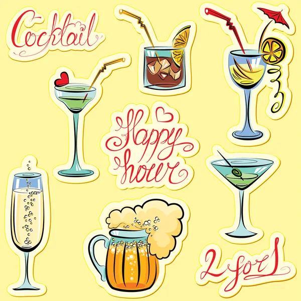 Set di bevande alcoliche immagini e testo scritto a mano: Happy Hour , — Vettoriale Stock