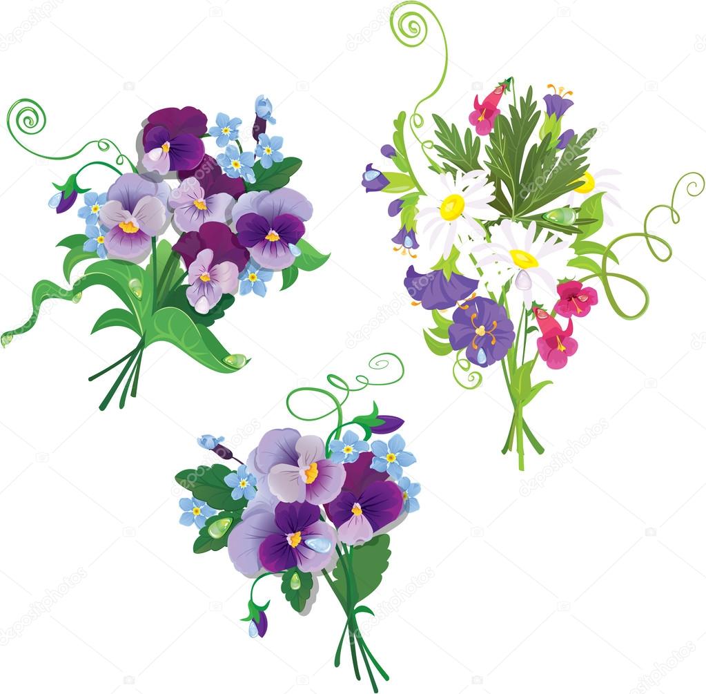 Set Of Holidays Bouquets With Chamomiles Pansies And Forget Me Stock Vector Image By C Lian11