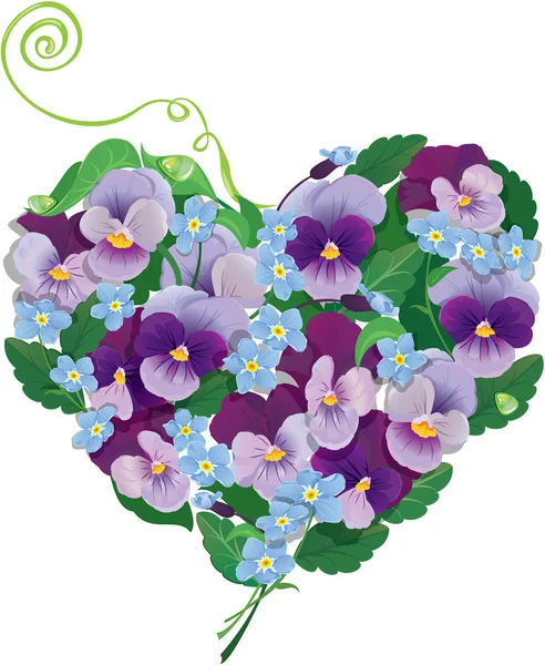 La forma del corazón está hecha de hermosas flores - pansy y olvídame n — Vector de stock