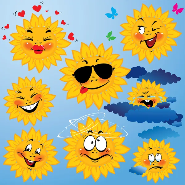 Set di simpatici cartoni animati di sole con diverse espressioni ed emoti — Vettoriale Stock