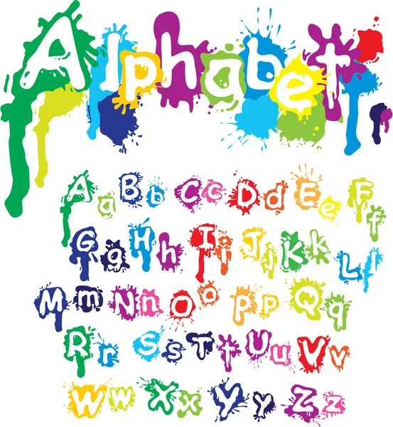 Hand drawn alphabet - letters are made of water colors, ink spl — Stock Vector