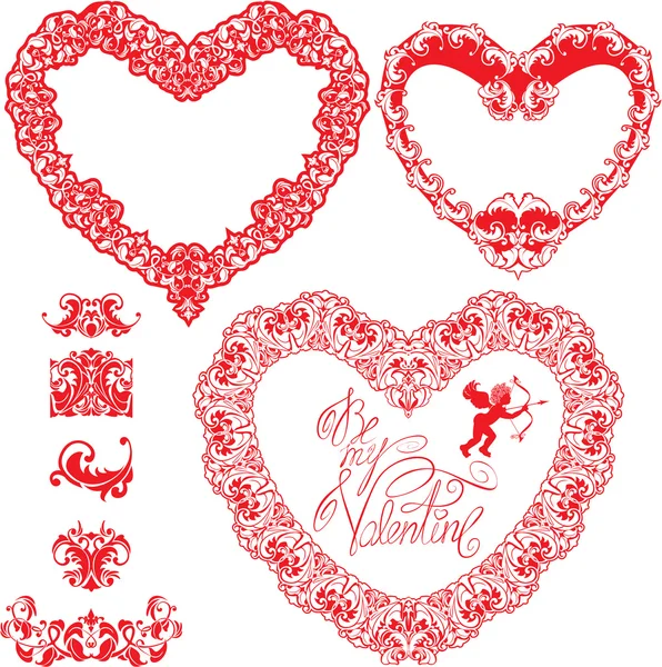 Conjunto de corazones ornamentales vintage formas con texto caligráfico B — Vector de stock