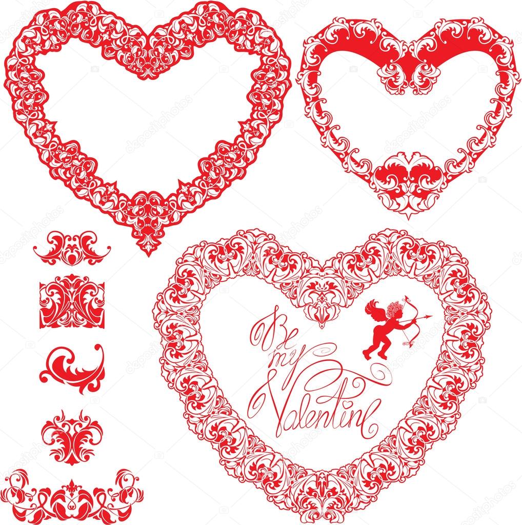 Set of vintage ornamental hearts shapes with calligraphic text B