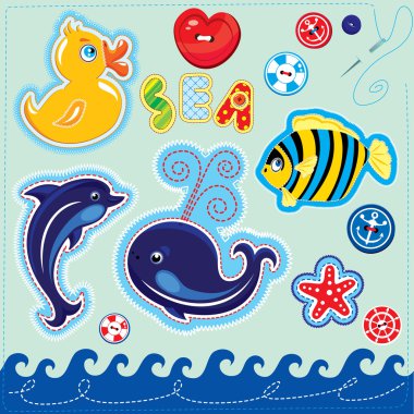 Set of buttons, cartoon animals and word SEA - hand made cutout clipart