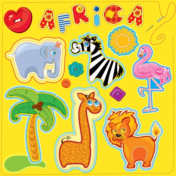 Conjunto de botões, animais de desenho animado e palavra ÁFRICA - feito à mão cuto — Vetor de Stock