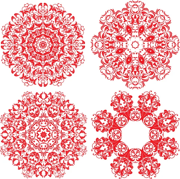 Ensemble de 4 ornements ronds d'une couleur, motifs floraux en dentelle — Image vectorielle