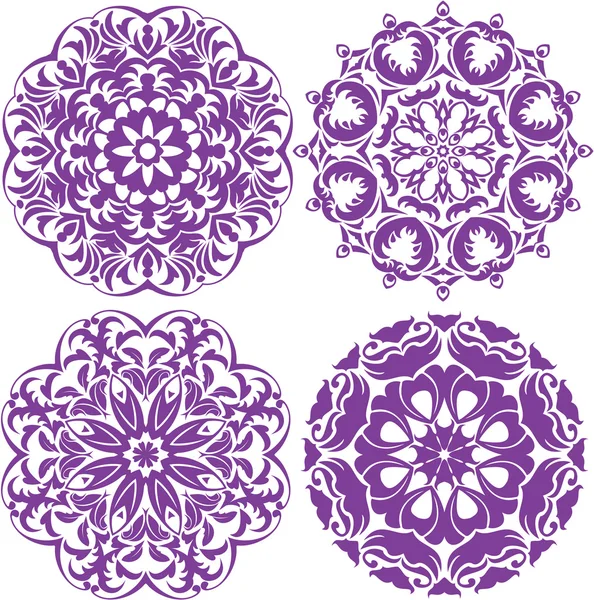 Set of 4 one color round ornaments, Lace floral patterns — Stock Vector