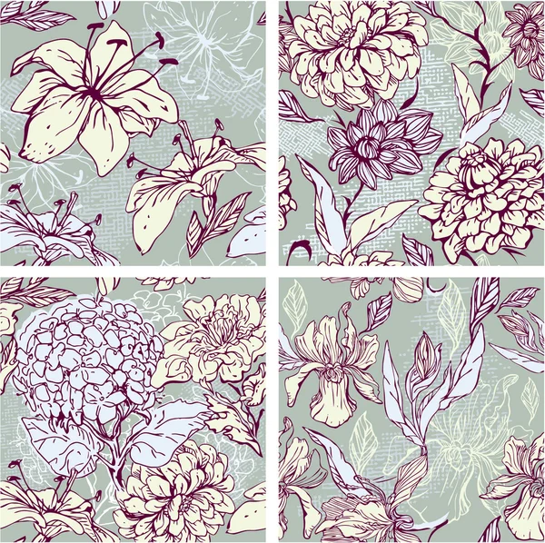 Ensemble de 4 motifs floraux sans couture avec des fleurs dessinées à la main - tige — Image vectorielle