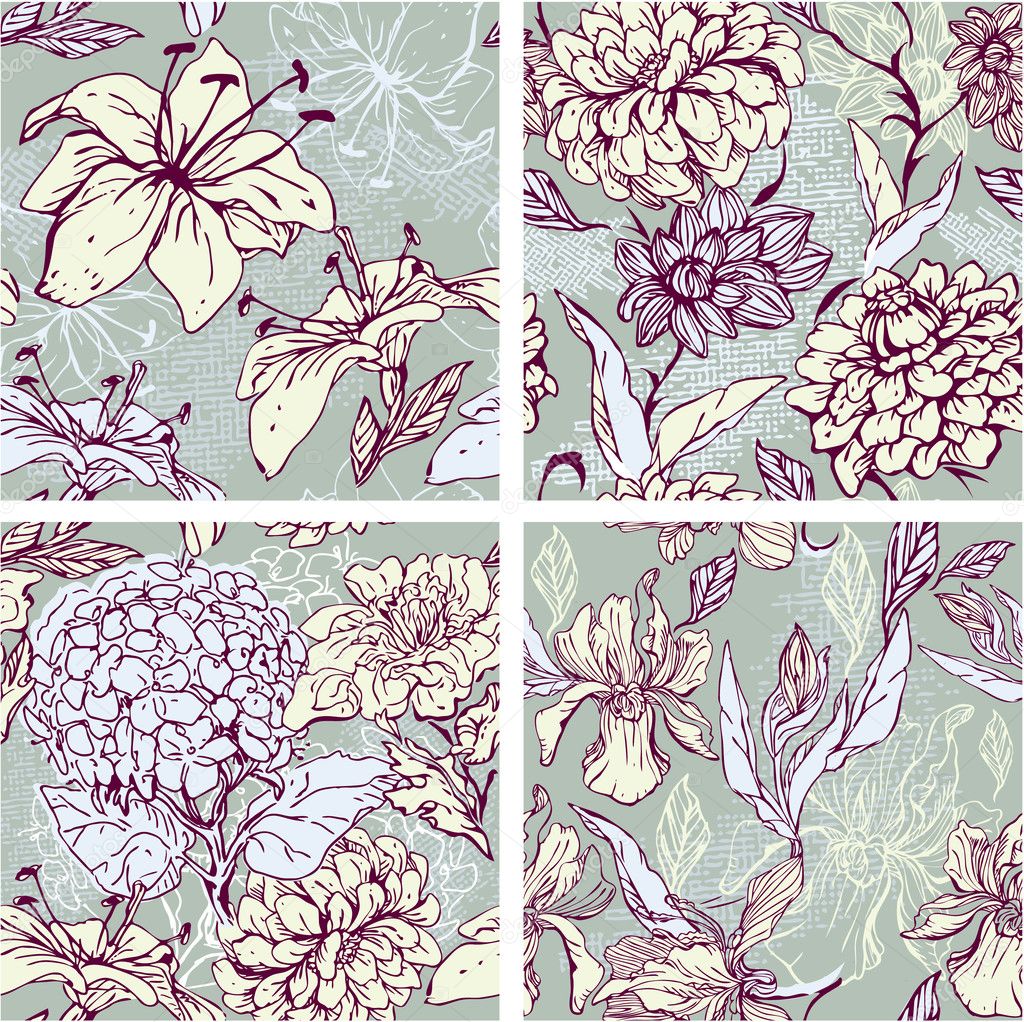 Set of 4 Floral Seamless Patterns with hand drawn flowers - tige