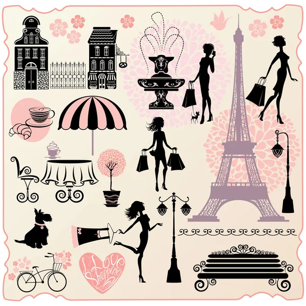 Set for fashion or retail design - Effel Tower, houses, heart wi — Stock Vector